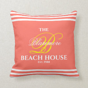Coral Family Monogram Script Yellow Initial Cushion