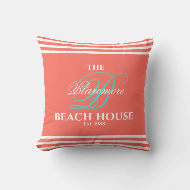 Coral  Family Monogram Turquoise Colour Initial Cushion (Front)