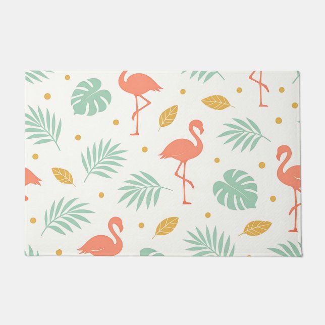 Coral Flamingo Tropical Leaf Pattern Doormat (Front)