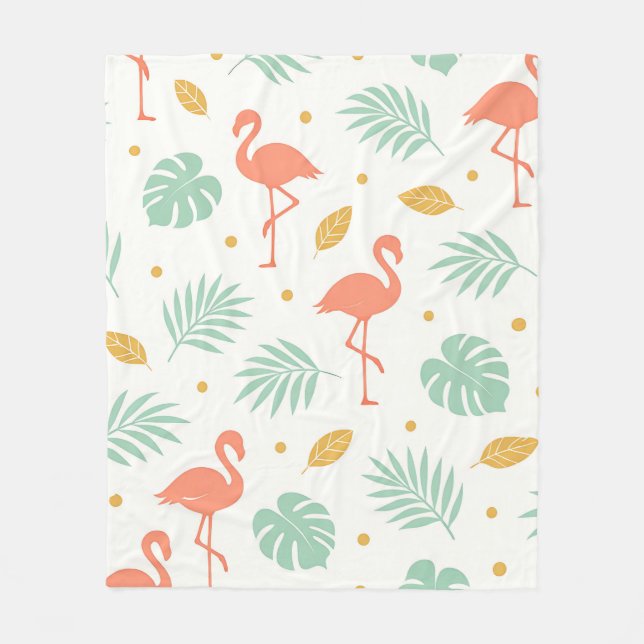 Coral Flamingo Tropical Leaf Pattern Fleece Blanket (Front)