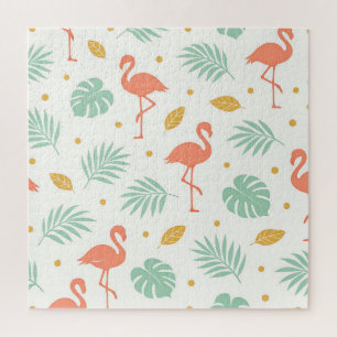 Coral Flamingo Tropical Leaf Pattern Jigsaw Puzzle