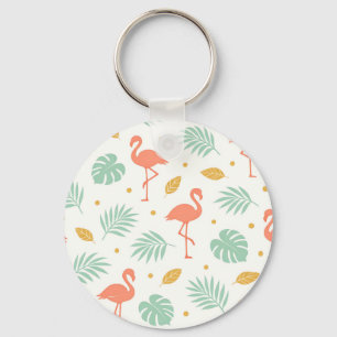 Coral Flamingo Tropical Leaf Pattern Key Ring