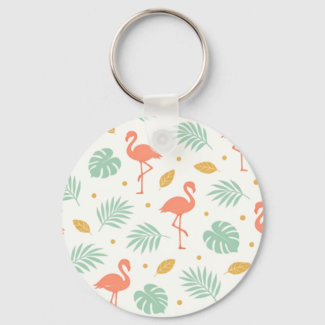 Coral Flamingo Tropical Leaf Pattern Key Ring (Front)