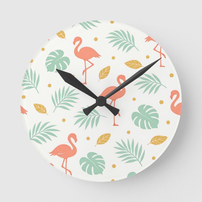 Coral Flamingo Tropical Leaf Pattern Round Clock (Front)