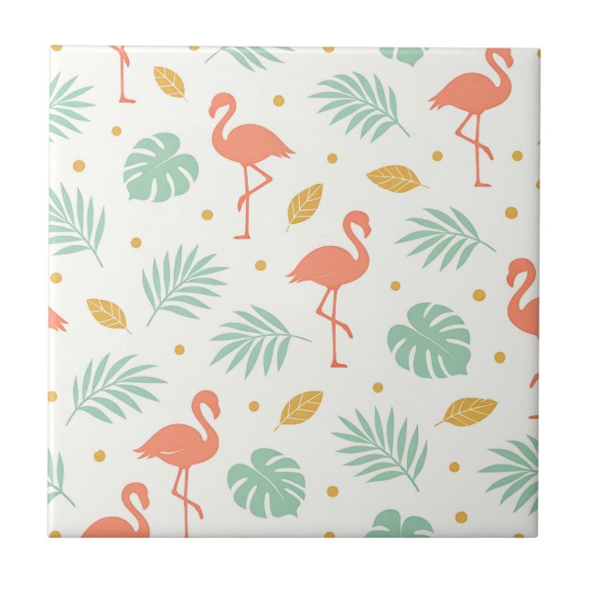Coral Flamingo Tropical Leaf Pattern Tile (Front)