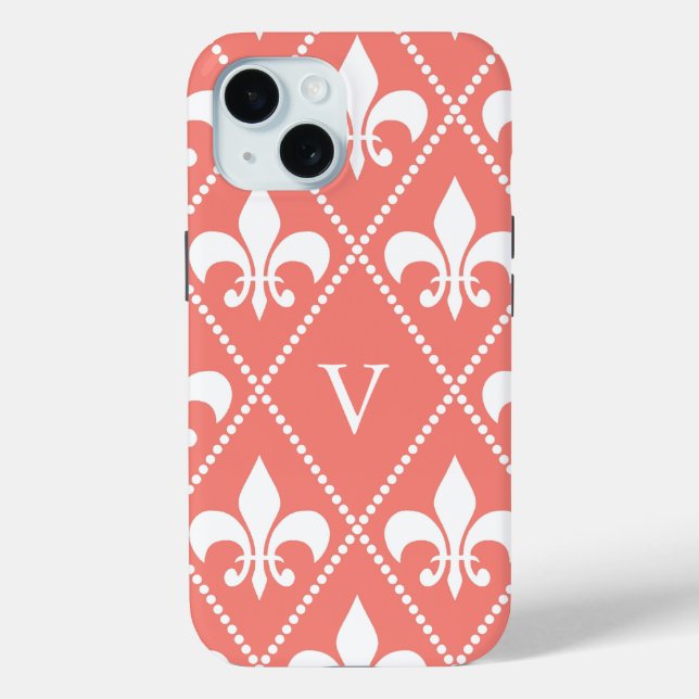 Coral Fleur de Lis w/ monogram Case-Mate iPhone Case (Back)