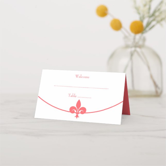 Coral Fleur de Lis Wedding Reception Place Card (Front)