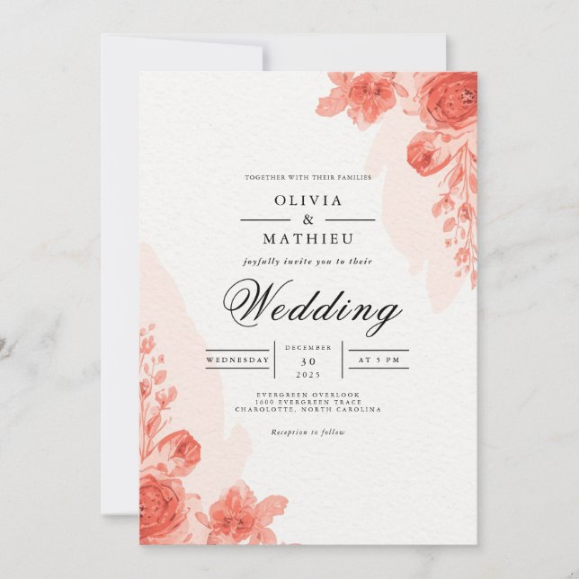Coral Floral Arch Romance Wedding Invitation (Front)