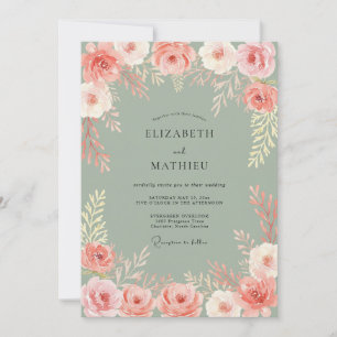 Coral Floral Arrangement Romance Wedding Invitation