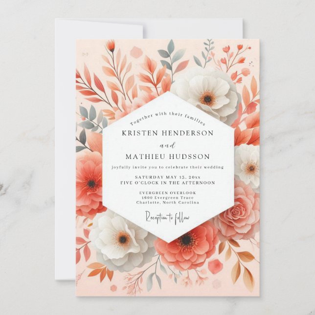 Coral Floral Bloom Romantic Wedding Invitation (Front)
