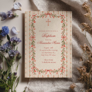 Coral Floral Bow Baptism Invitation