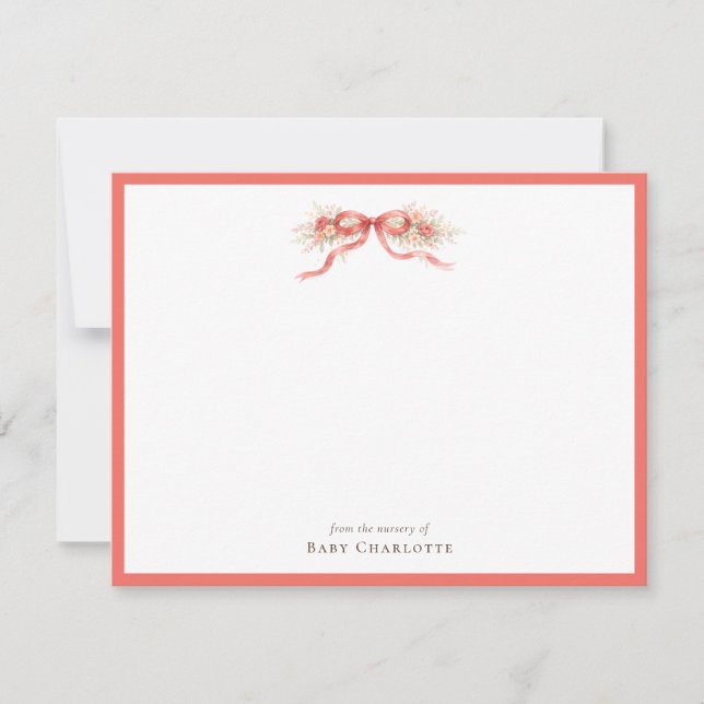 Coral Floral Bow Nursery Note Card – Personalized (Front)