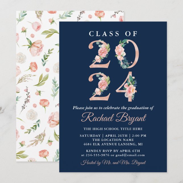 Coral Floral Class of 2024 Navy Blue Graduation Invitation (Front/Back)