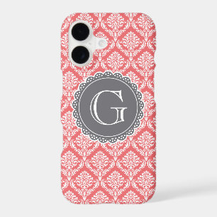 Coral Floral Damask Pattern Grey Monogram