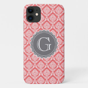 Coral Floral Damask Pattern Grey Monogram Case-Mate iPhone Case