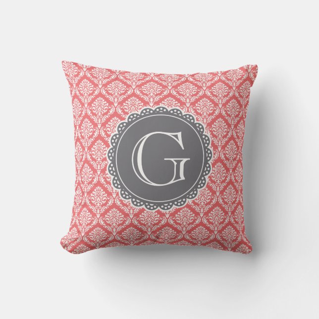 Coral Floral Damask Pattern Grey Monogram Cushion (Front)