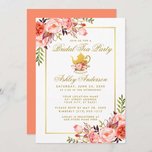 Coral Floral Gold Bridal Shower Tea Party Invite (Front/Back)