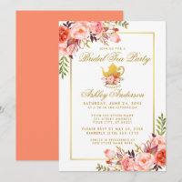 Coral Floral Gold Bridal Shower Tea Party Invite