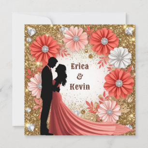 💍 Coral Floral Gold Engagement Couple 💍 Invitation