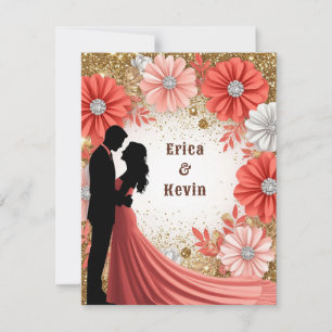 💍 Coral Floral Gold Engagement Couple 💍 RSVP Card