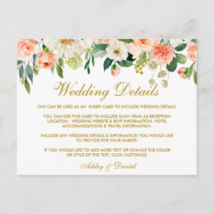 Coral Floral Gold Wedding Details Insert Card