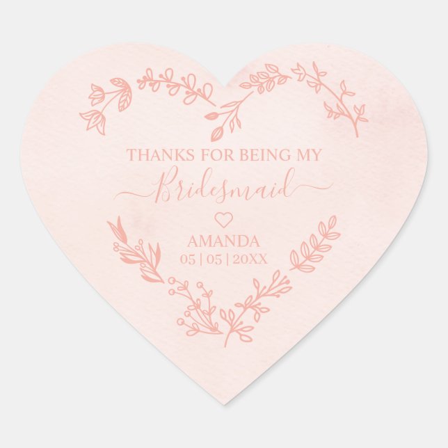Coral Floral Heart Thanks for Being my Bridesmaid Sticker (Front)