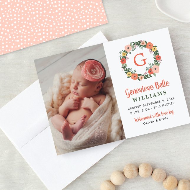 Coral Floral Initial Wreath Baby Girl Photo Birth Announcement (Creator Uploaded)