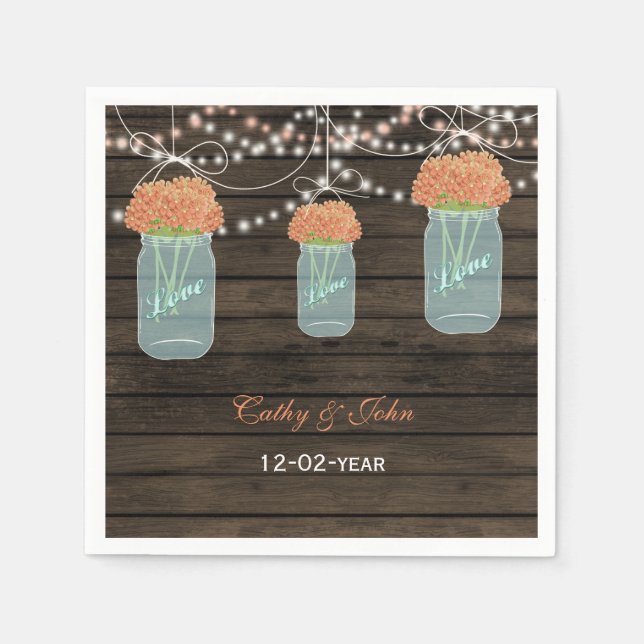 coral floral mason jar personalised wedding napkin (Front)