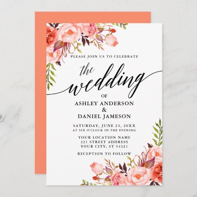 Coral Floral Modern Calligraphy Wedding Invitation (Front/Back)