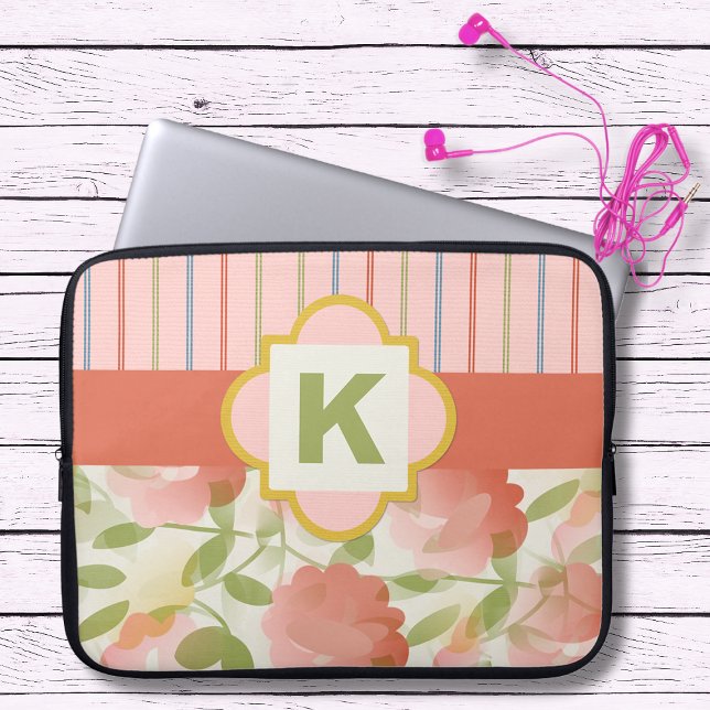 Coral Floral Monogram Laptop Sleeve (Creator Uploaded)