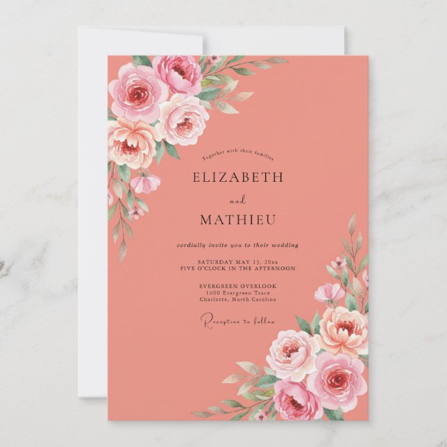 Coral Floral Painterly Wedding Invitation (Front)