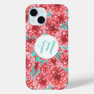 Coral Floral Pattern & Monogram iPhone 15 Case
