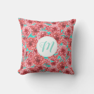 Coral Floral Pattern & Monogram Cushion