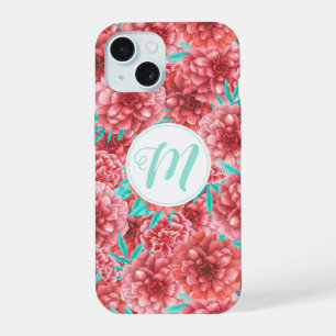 Coral Floral Pattern & Monogram iPhone 15 Case
