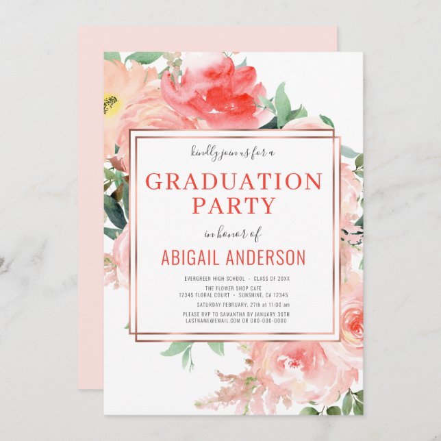 Coral Floral Peach Modern 2023 Grad Party Invitation (Front/Back)