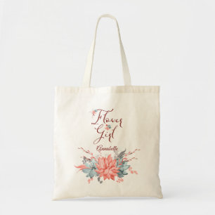 Coral Floral Personalised Flower Girl Tote Bag