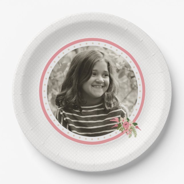 Coral Floral Photo Birthday Paper Plate (Front)