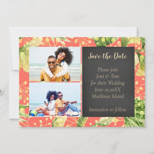 Coral Floral Photo Wedding Save the Date (Front)