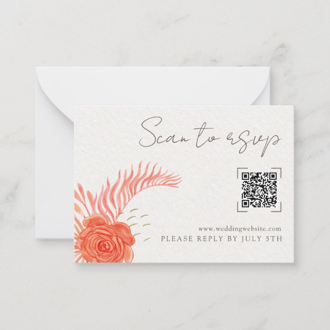 Coral Floral QR Code Wedding Online RSVP Card (Front)