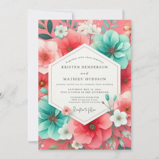 Coral Floral Romance Wedding Invitation (Front)