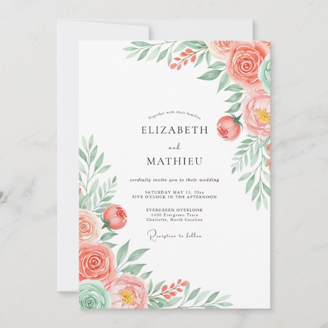 Coral Floral Romantic Wedding Invitation (Front)