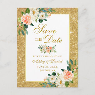 Coral Floral Save the Date Gold Glitter Announcement Postcard