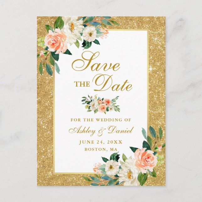 Coral Floral Save the Date Gold Glitter Announcement Postcard (Front)