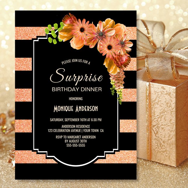 Coral Floral Surprise Birthday Dinner Party Invitation (Creator Uploaded)