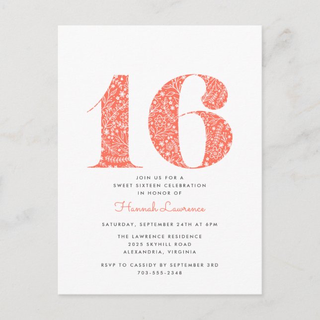 Coral Floral Sweet 16 Birthday Invitation Postcard (Front)