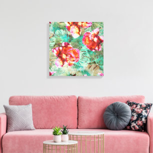 Coral Floral Teal - Boho Vintage Pillow Canvas Print