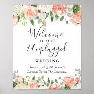 Coral Floral Unplugged Wedding Ceremony Sign