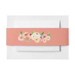Coral Floral Wedding Invitation Belly Band