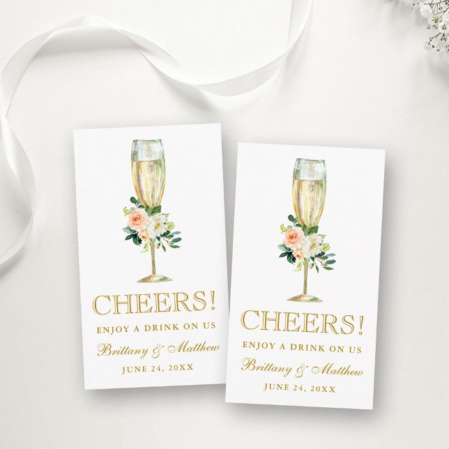 Coral Floral Wedding Reception Drink Ticket Card (Customize to change text color, style, size or to add more text to back of card.)