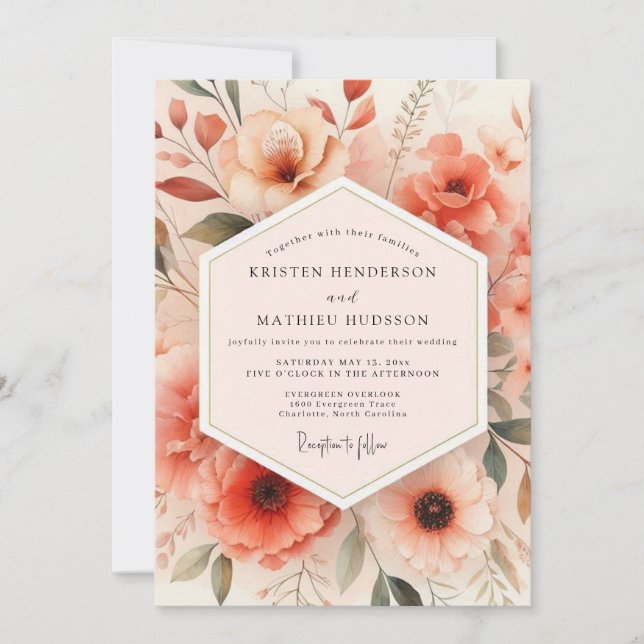 Coral Floral Whimsical Wedding Invitation (Front)